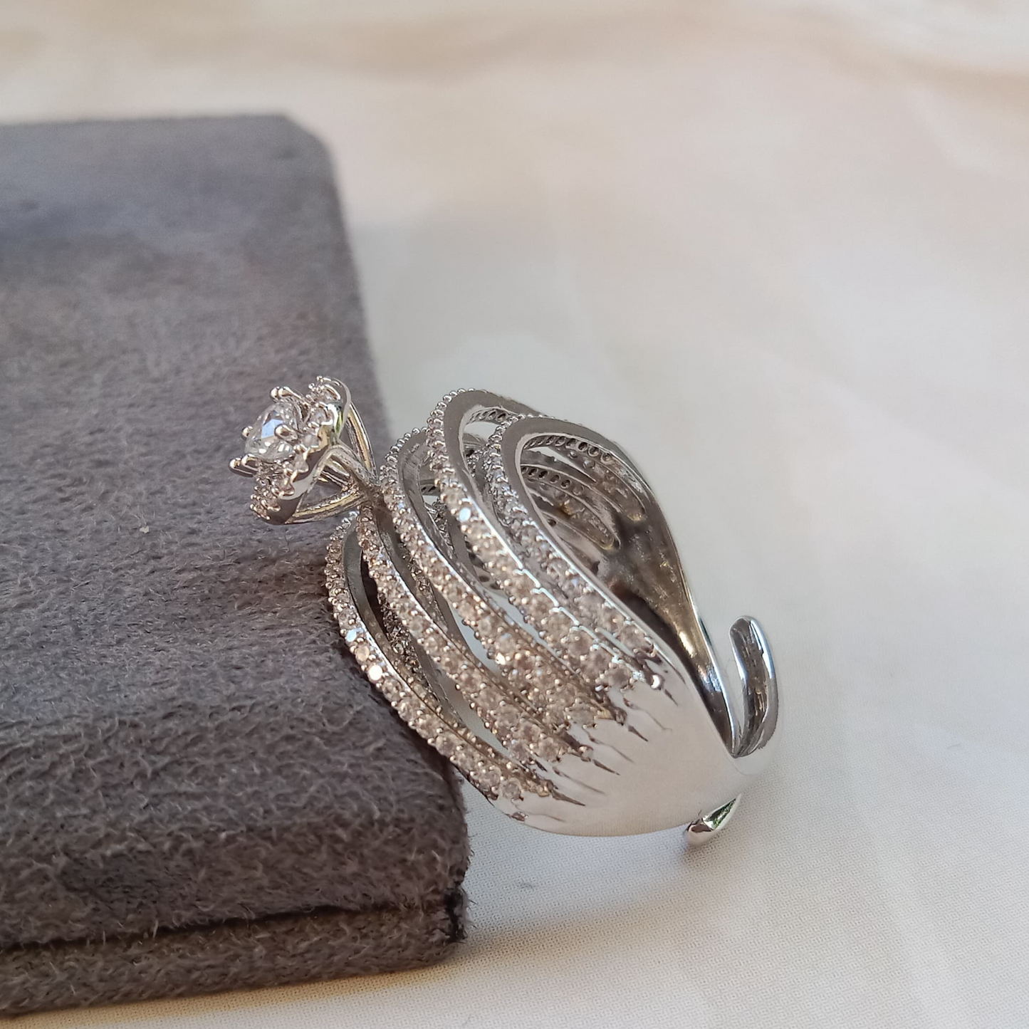 Rodium Plated Adjustable American Diamond Solitaire Ring – Perfect Fit & Timeless Elegance