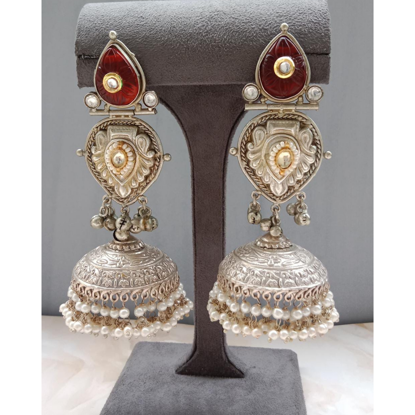 Silver plated Kundan Jhumka