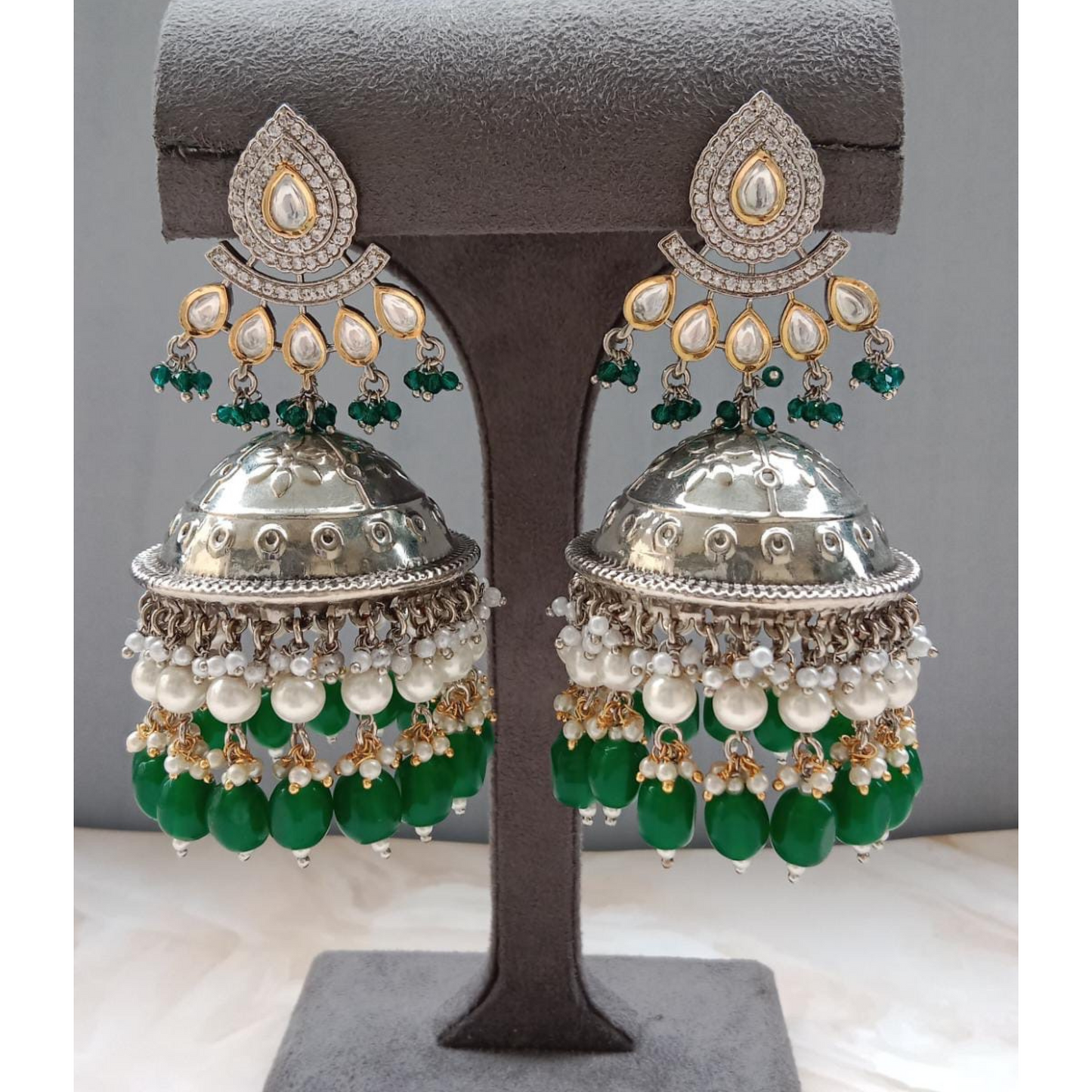 Silver plated Kundan Jhumka