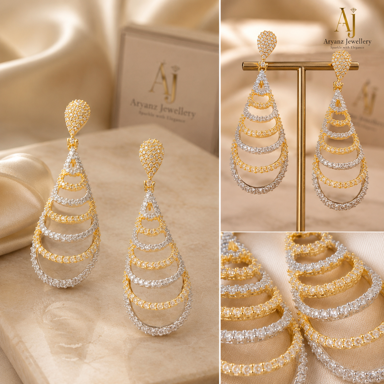 Luxury Gold Plated American Diamond Long Drop Earrings | Designer Party Wear AD Earrings for Women