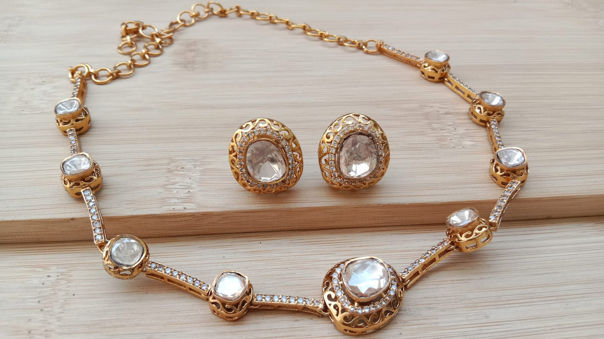 Gold-Plated Kundan-Style Necklace Set with Matching Earrings