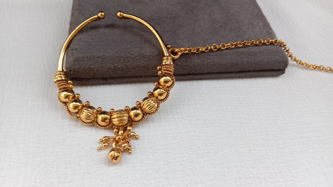 Traditional Gold-Plated Beaded Bridal Nosering with Dangling Charm