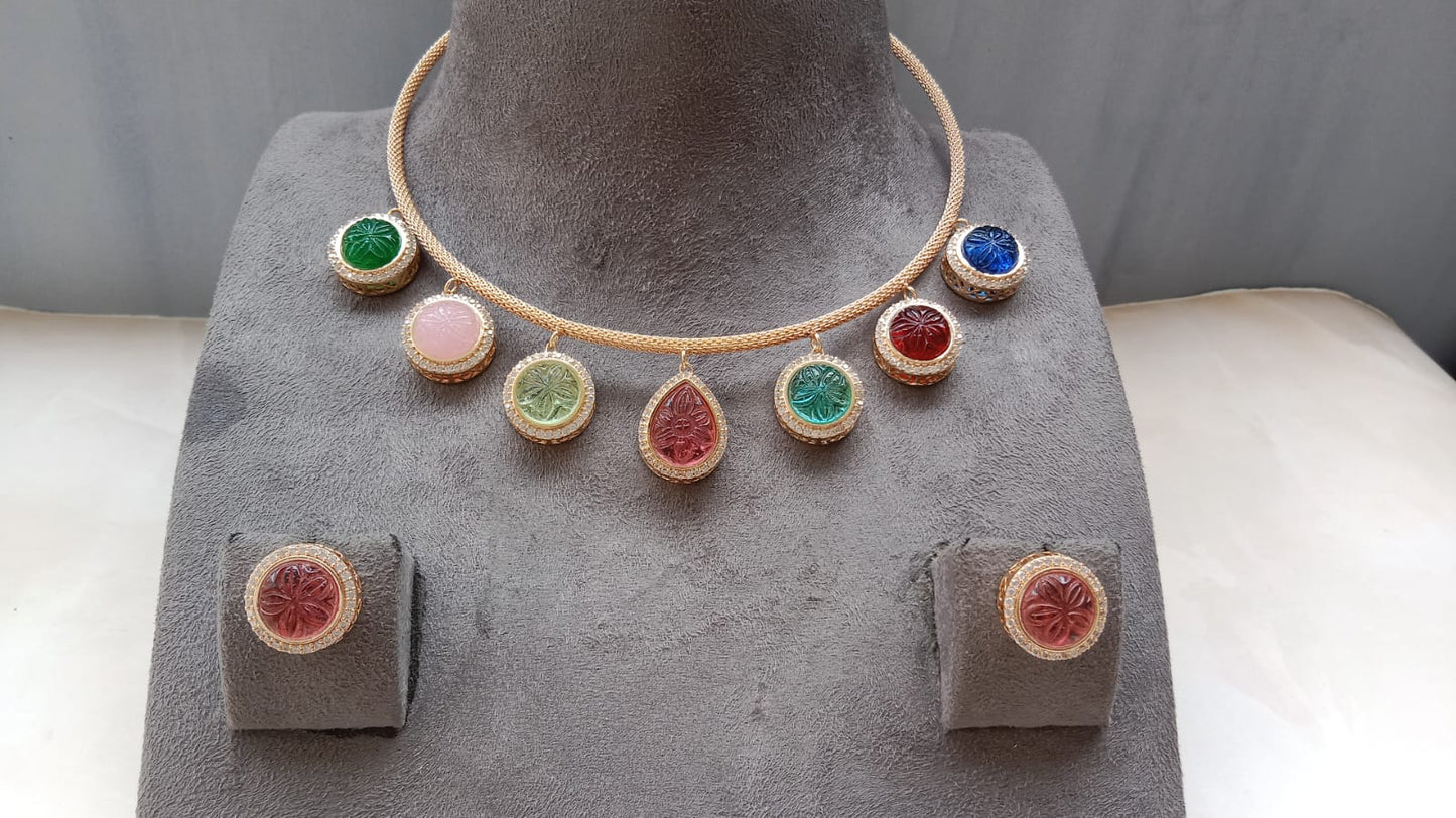 Carved Multicolour Stone Charm Necklace Set with AD Detailing