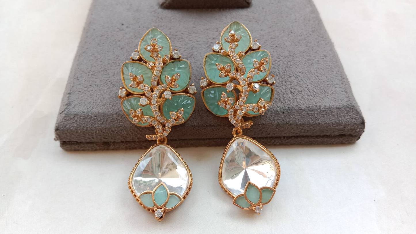 Carved Earrings with Polki Stone Drop & Gold Plating