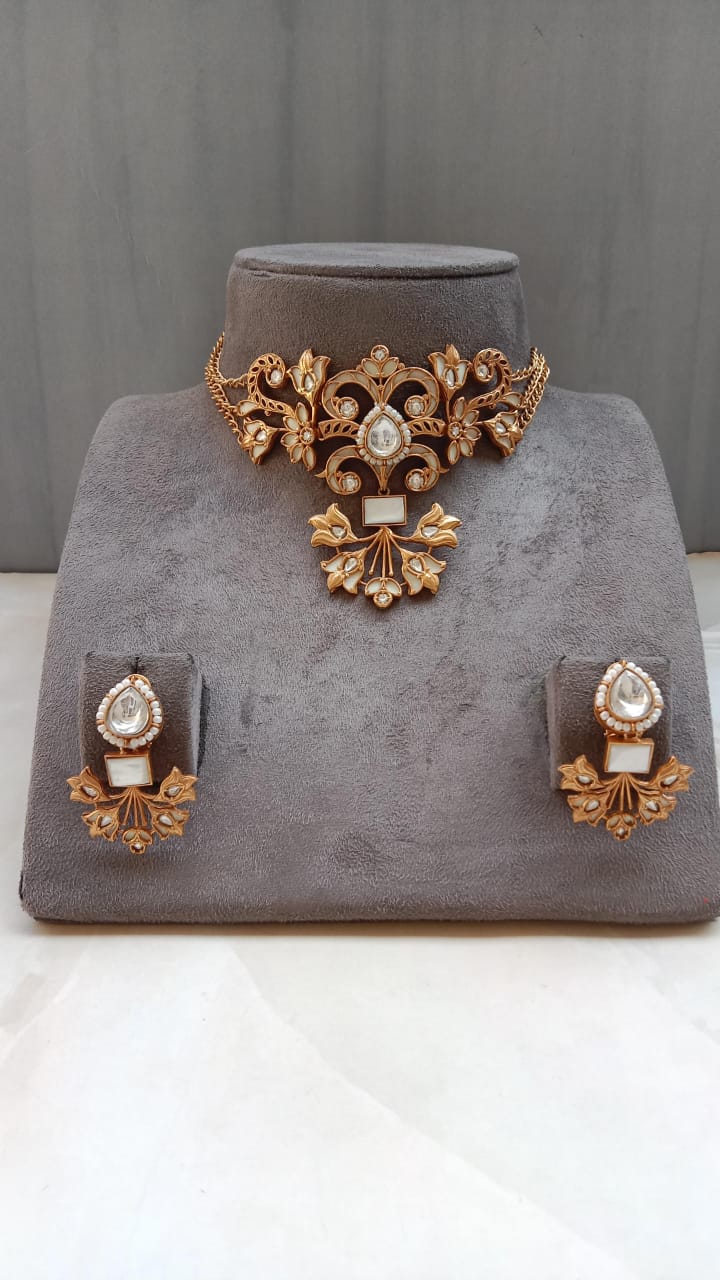 Elegant Polki Diamond Jewelry Set with Floral & Leaf Design | Gold Plated