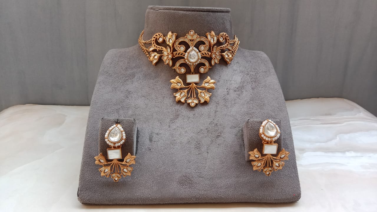 Elegant Polki Diamond Jewelry Set with Floral & Leaf Design | Gold Plated