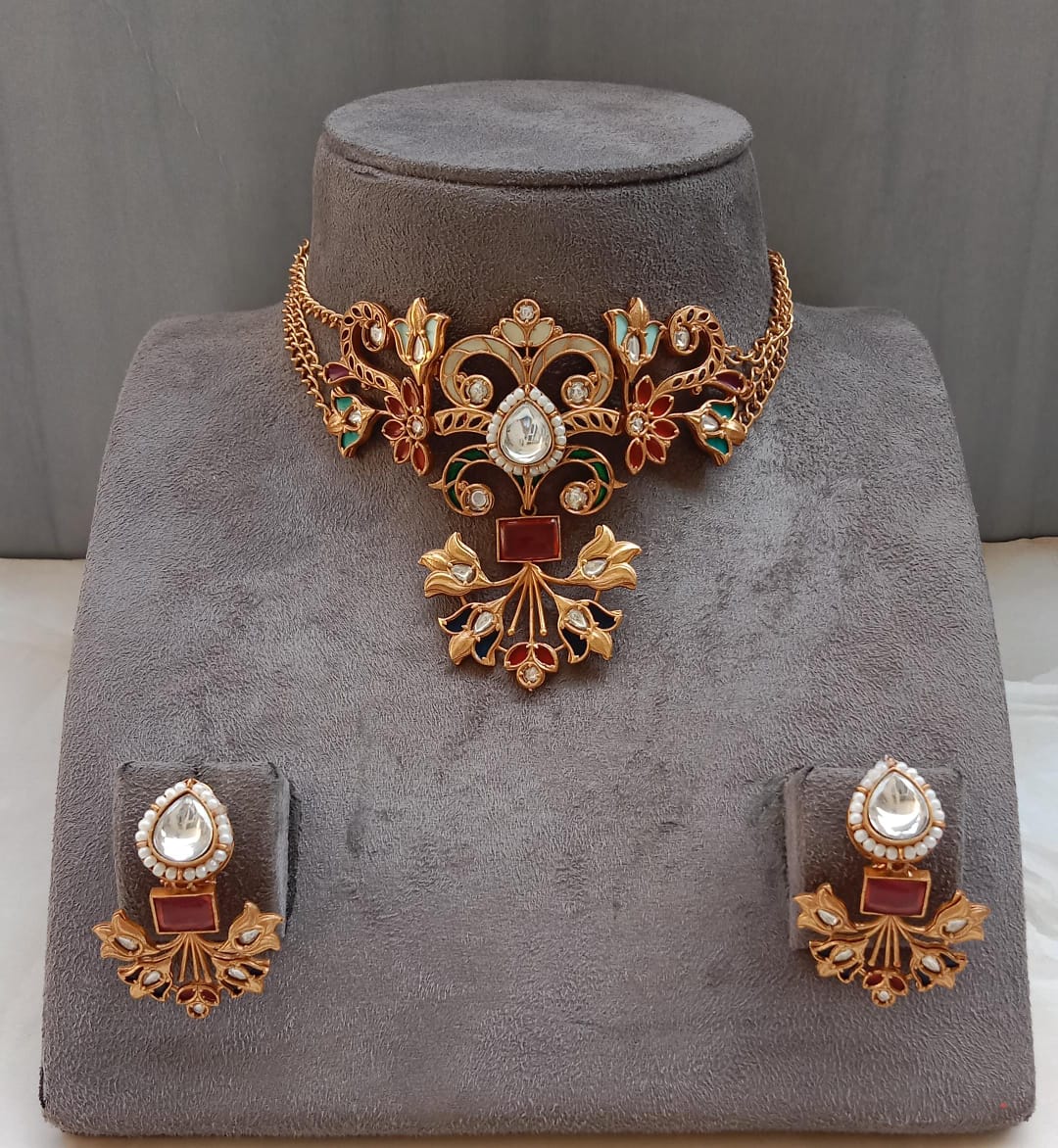 Elegant Polki Diamond Jewelry Set with Floral & Leaf Design | Gold Plated