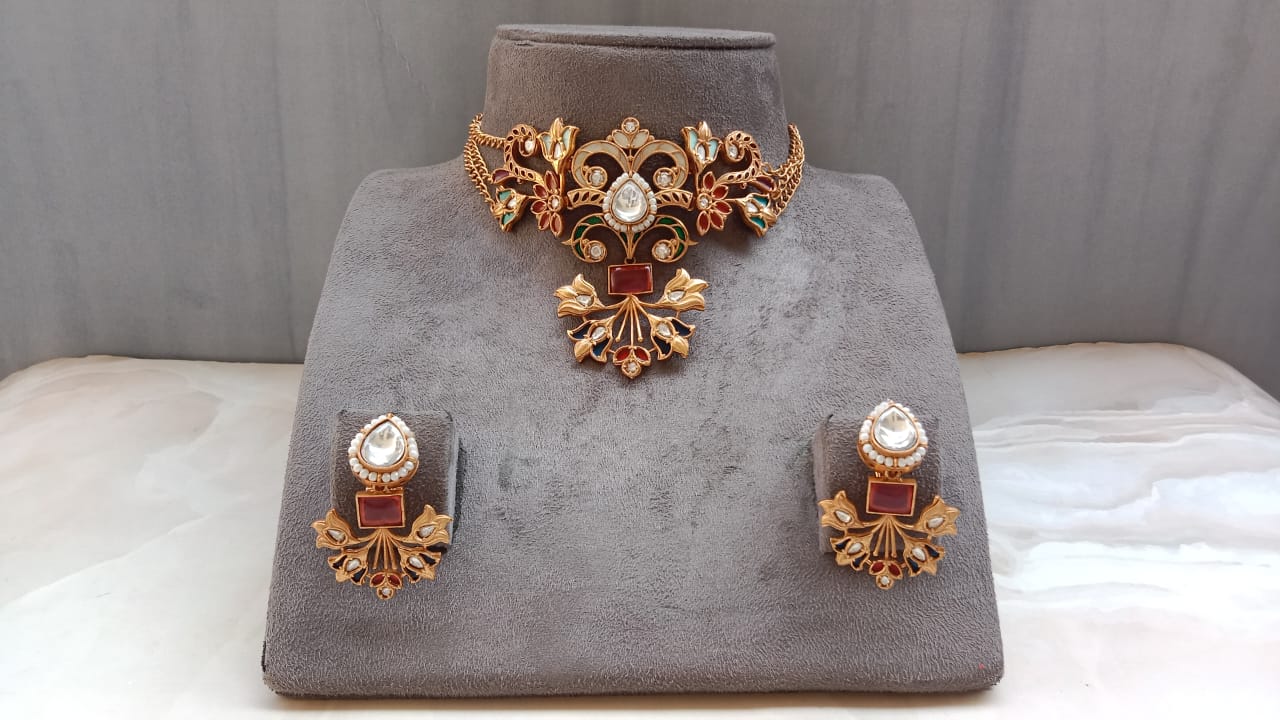 Elegant Polki Diamond Jewelry Set with Floral & Leaf Design | Gold Plated
