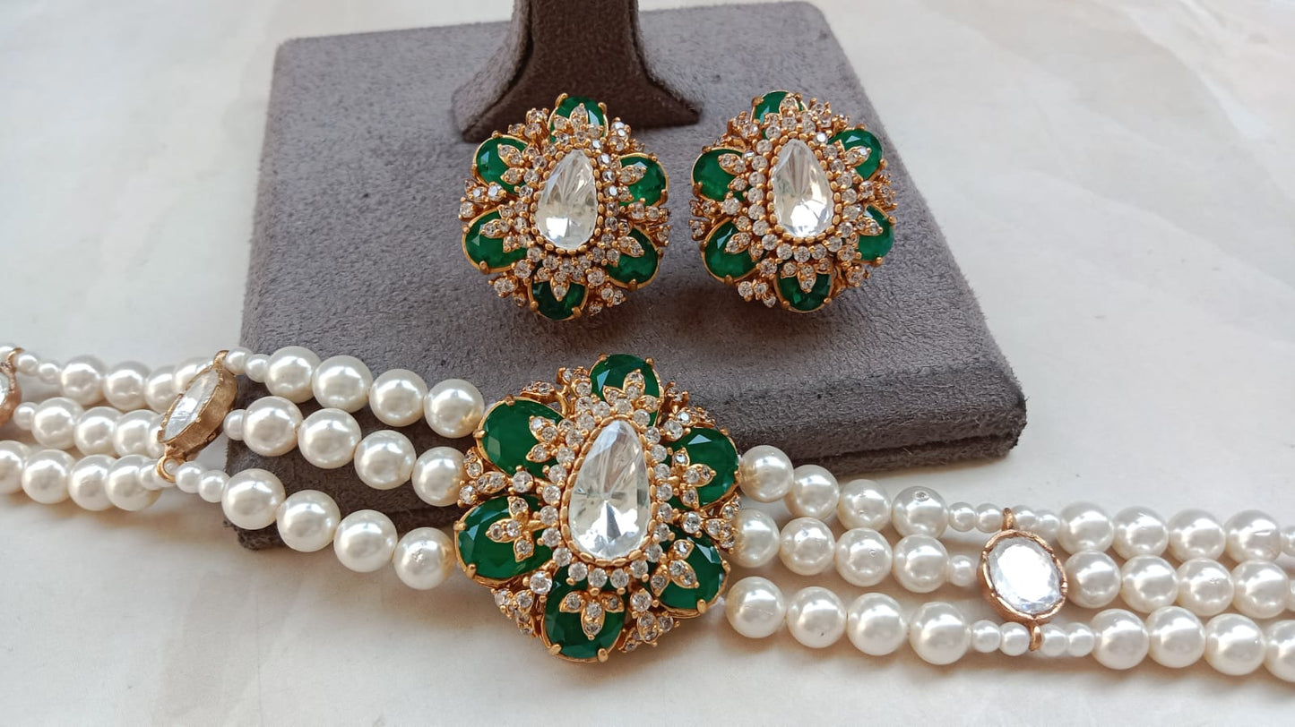Carved Green Choker Set with Polki Diamond Stones & Pearl Strings