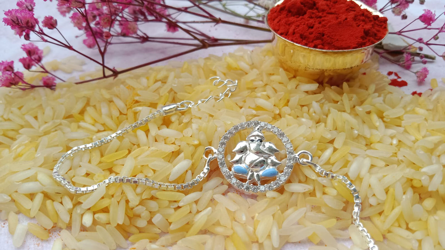 925 Pure silver Ganpati Rakhi (Blue)
