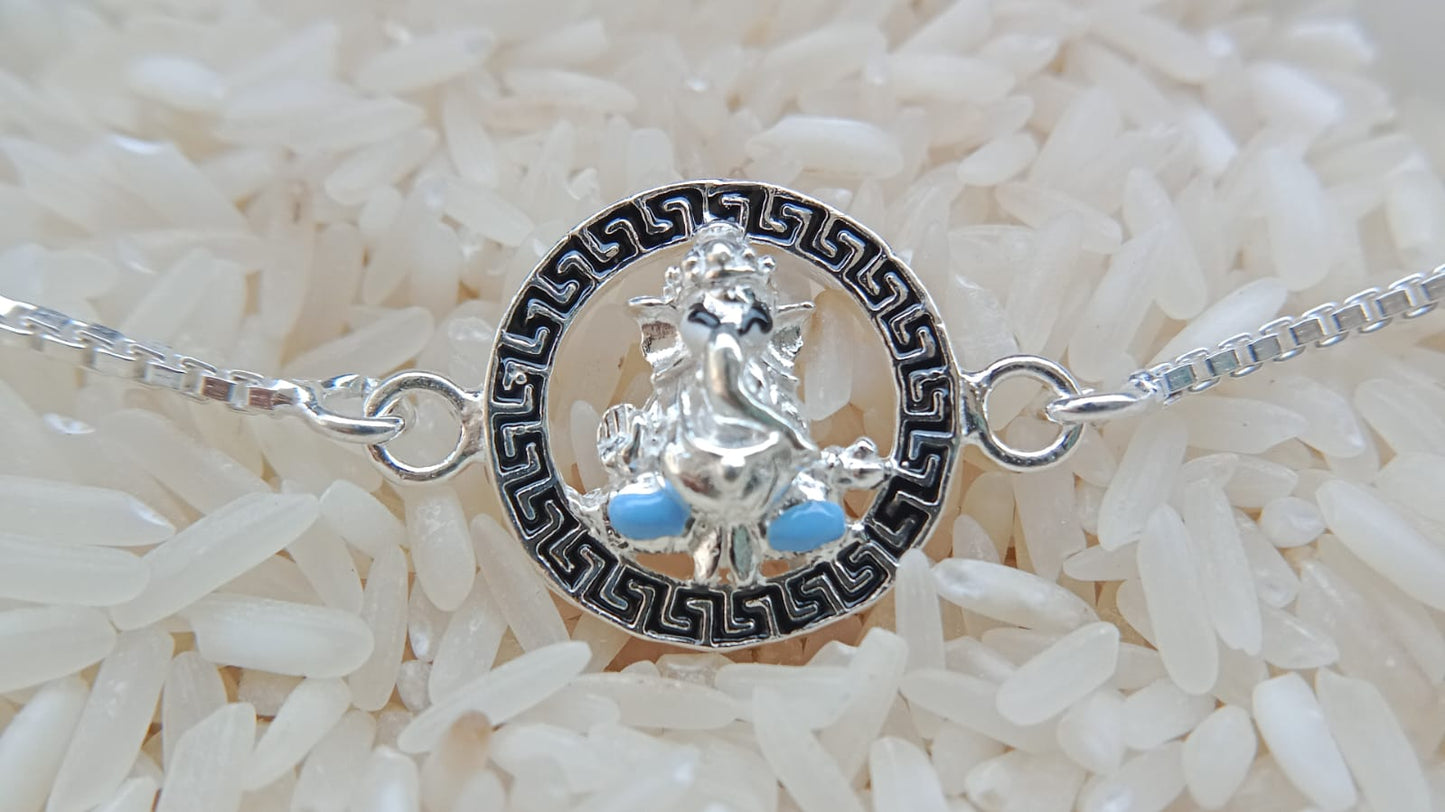 925 Pure Silver Ganesh Ji Rakhi (Blue)