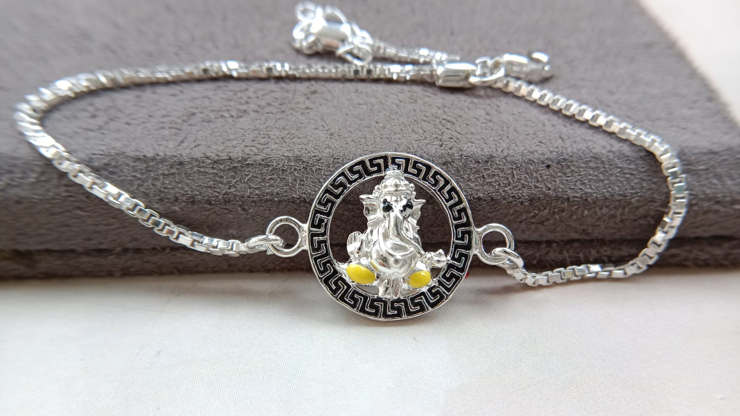 925 Pure Silver Ganesh Ji Rakhi (Yellow)