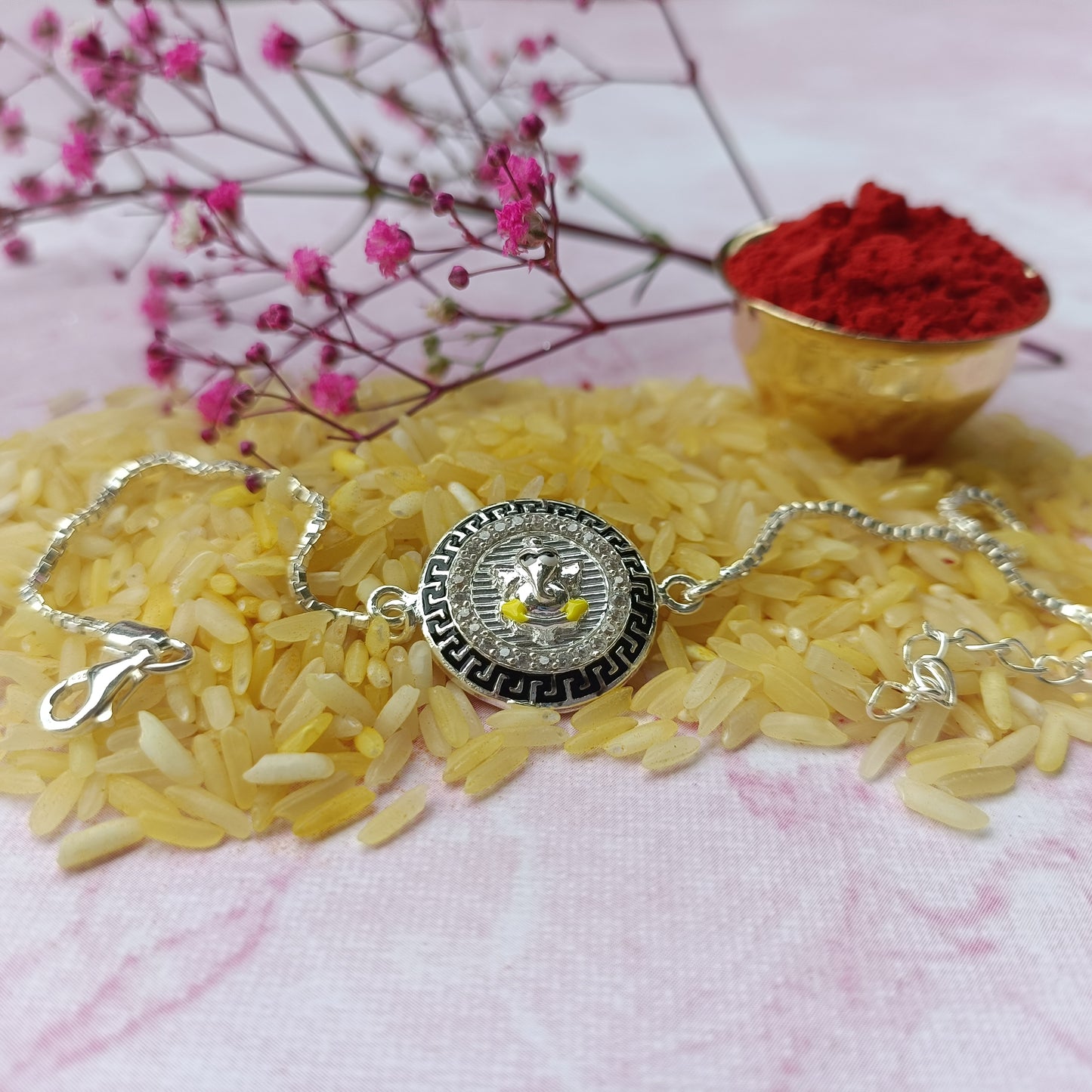 925 Pure Silver Ganesh Rakhi (Yellow)