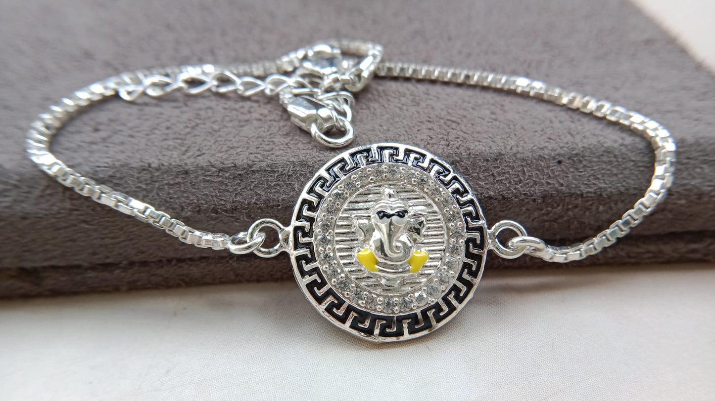 925 Pure Silver Ganesh Rakhi (Yellow)