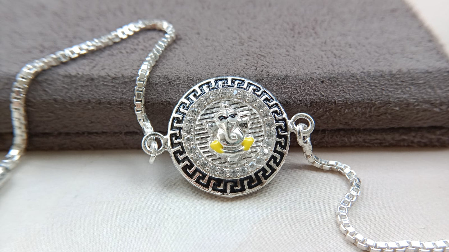 925 Pure Silver Ganesh Rakhi (Yellow)