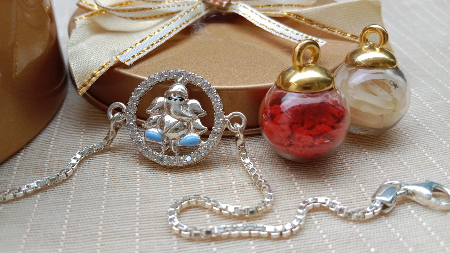 925 Pure silver Ganpati Rakhi (Blue)
