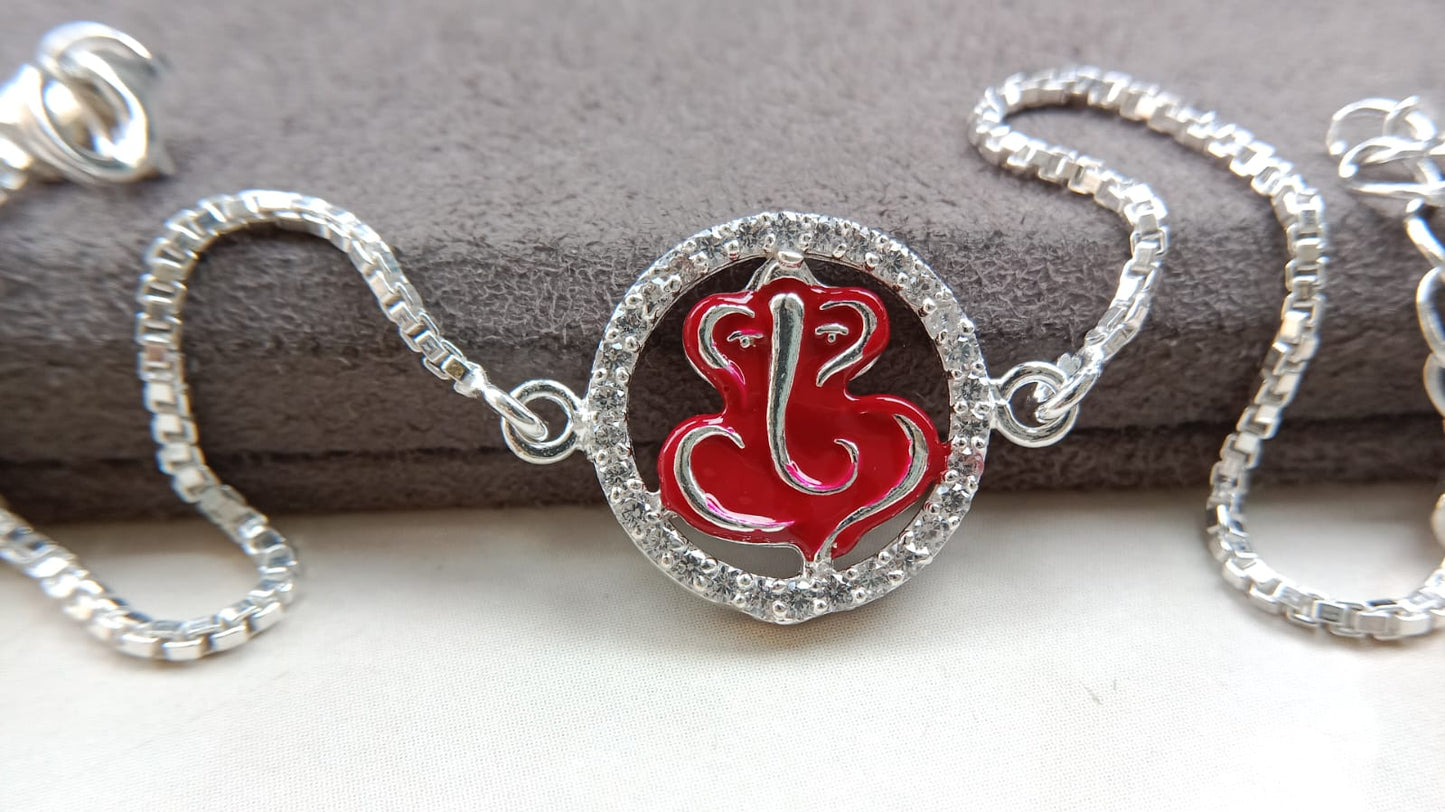 925 Pure Silver Ganpati Enamel Rakhi