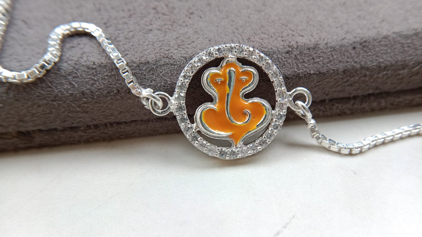 925 Pure Silver Ganpati Enamel Rakhi