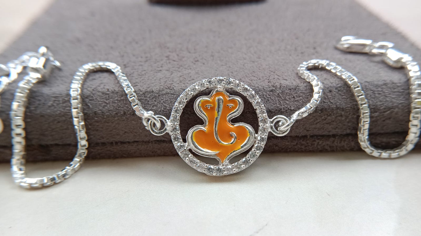925 Pure Silver Ganpati Enamel Rakhi