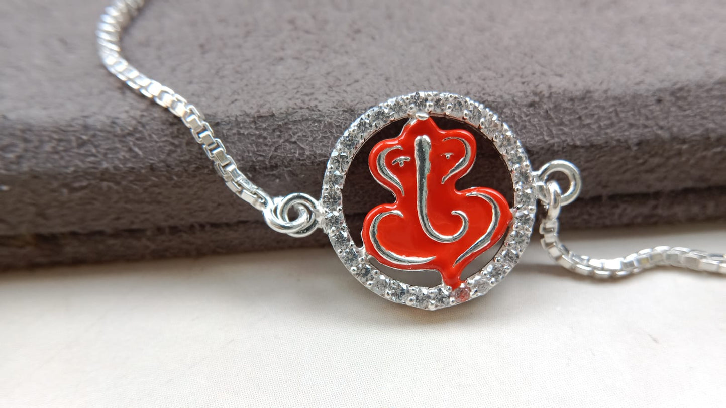 925 Pure Silver Ganpati Enamel Rakhi