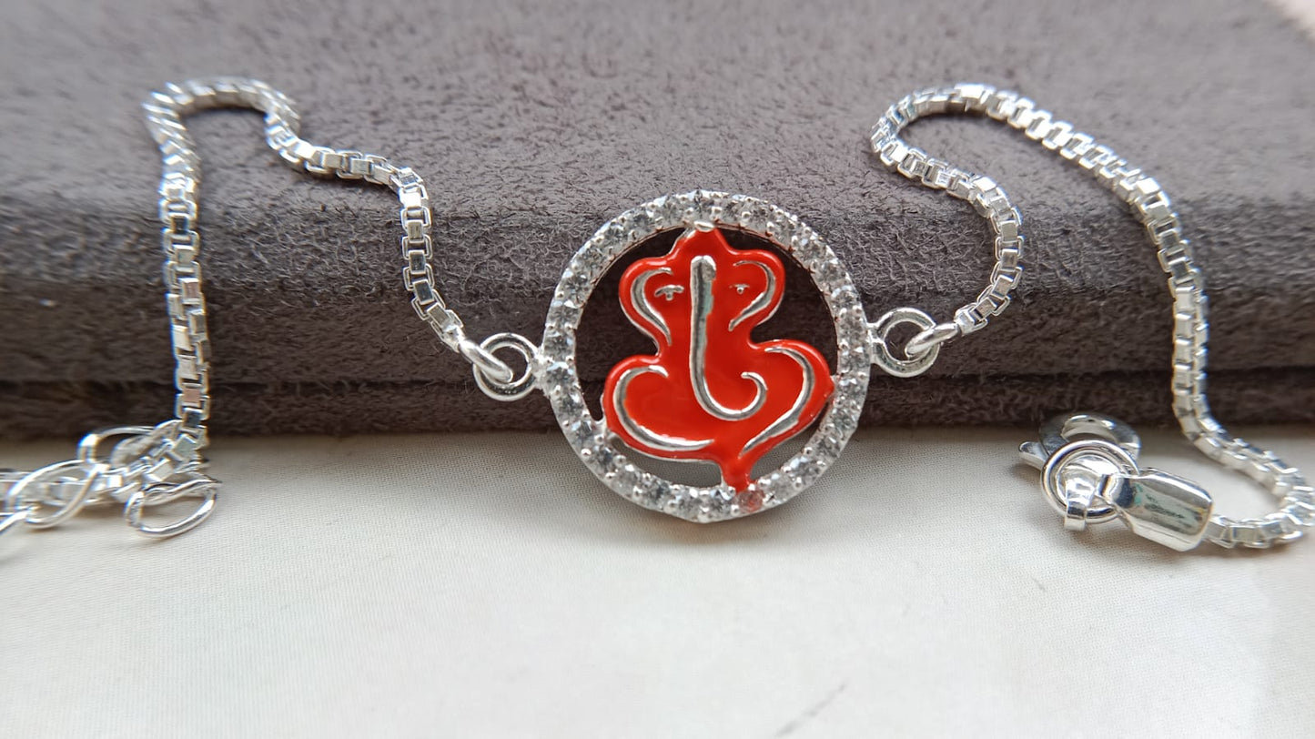925 Pure Silver Ganpati Enamel Rakhi