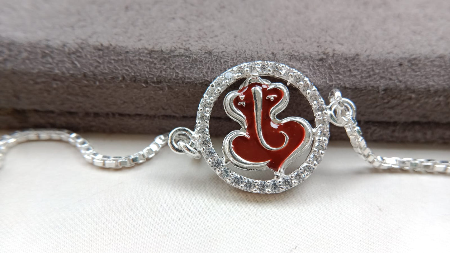 925 Pure Silver Ganpati Enamel Rakhi