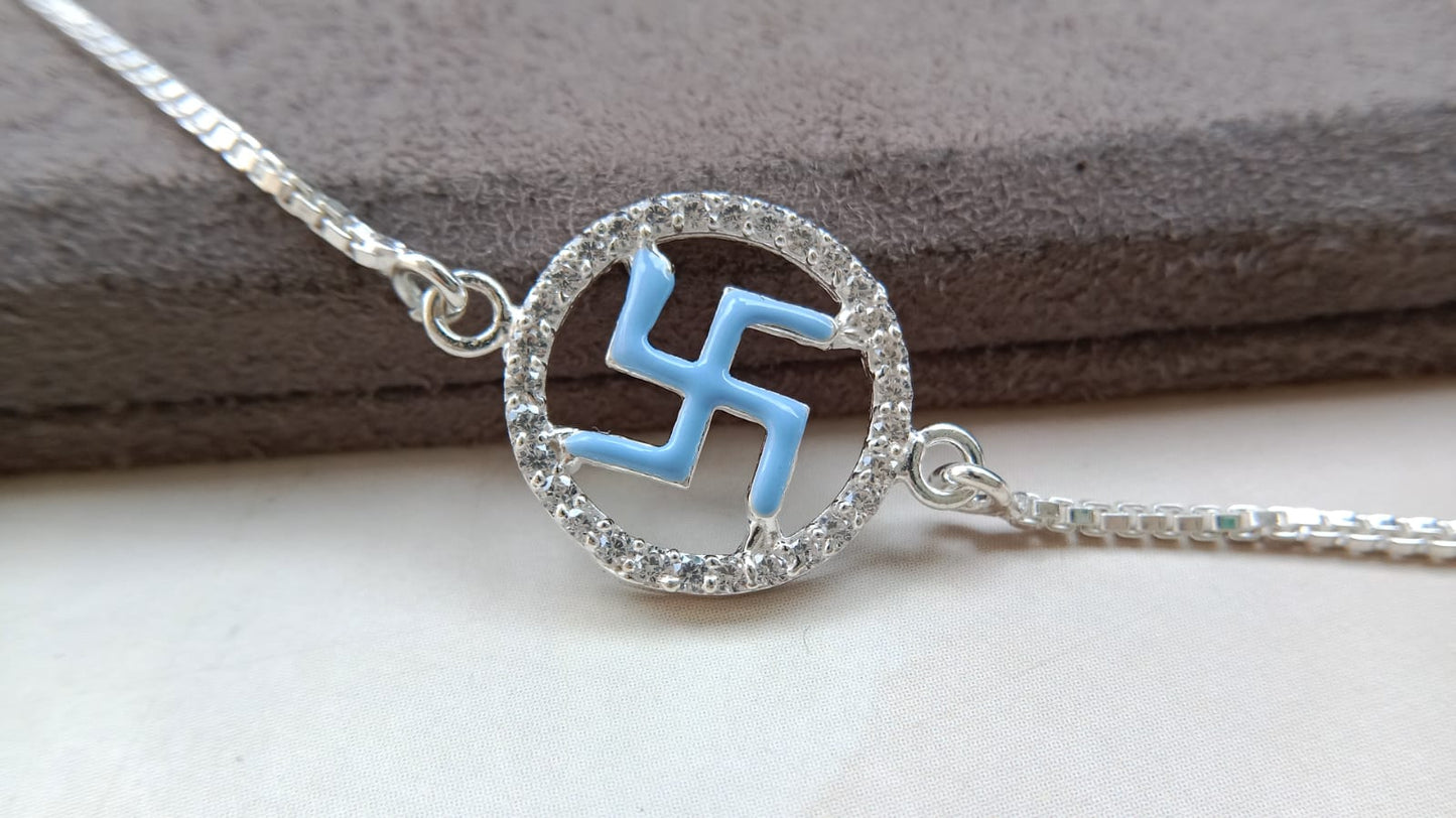 925 Pure Silver Enamel Swastik Rakhi