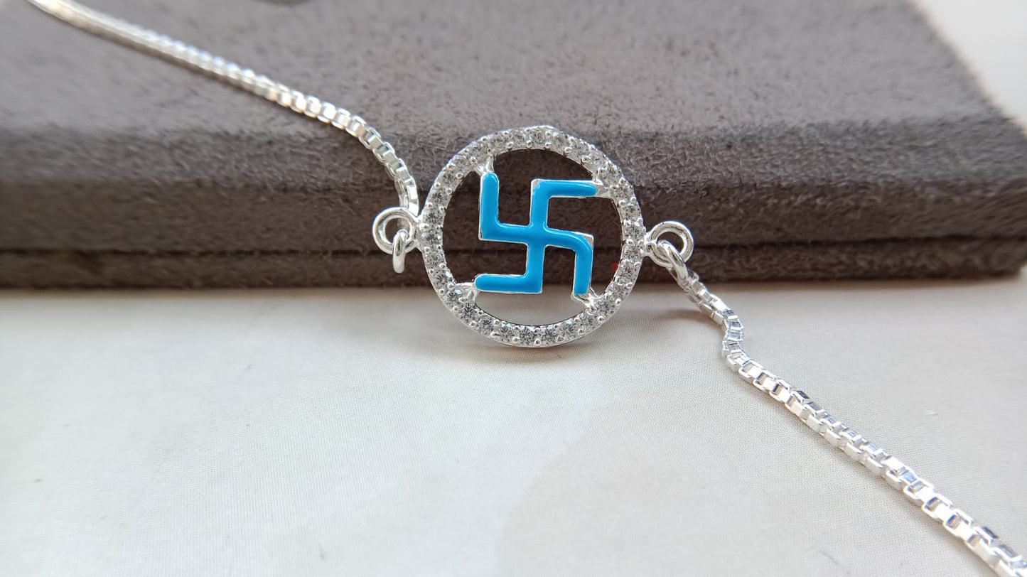 925 Pure Silver Enamel Swastik Rakhi