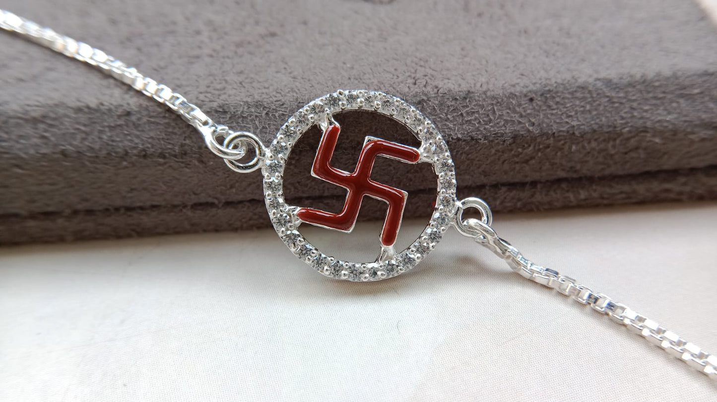 925 Pure Silver Enamel Swastik Rakhi