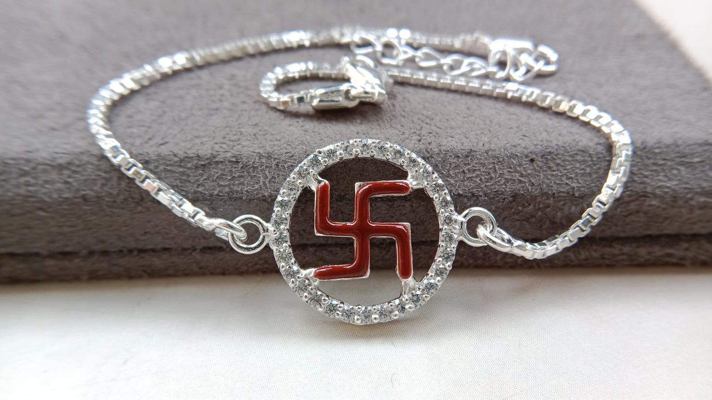 925 Pure Silver Enamel Swastik Rakhi