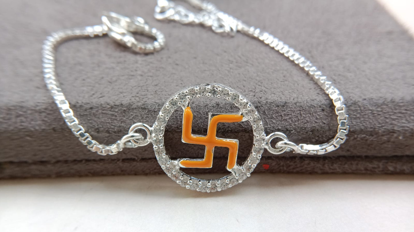 925 Pure Silver Enamel Swastik Rakhi