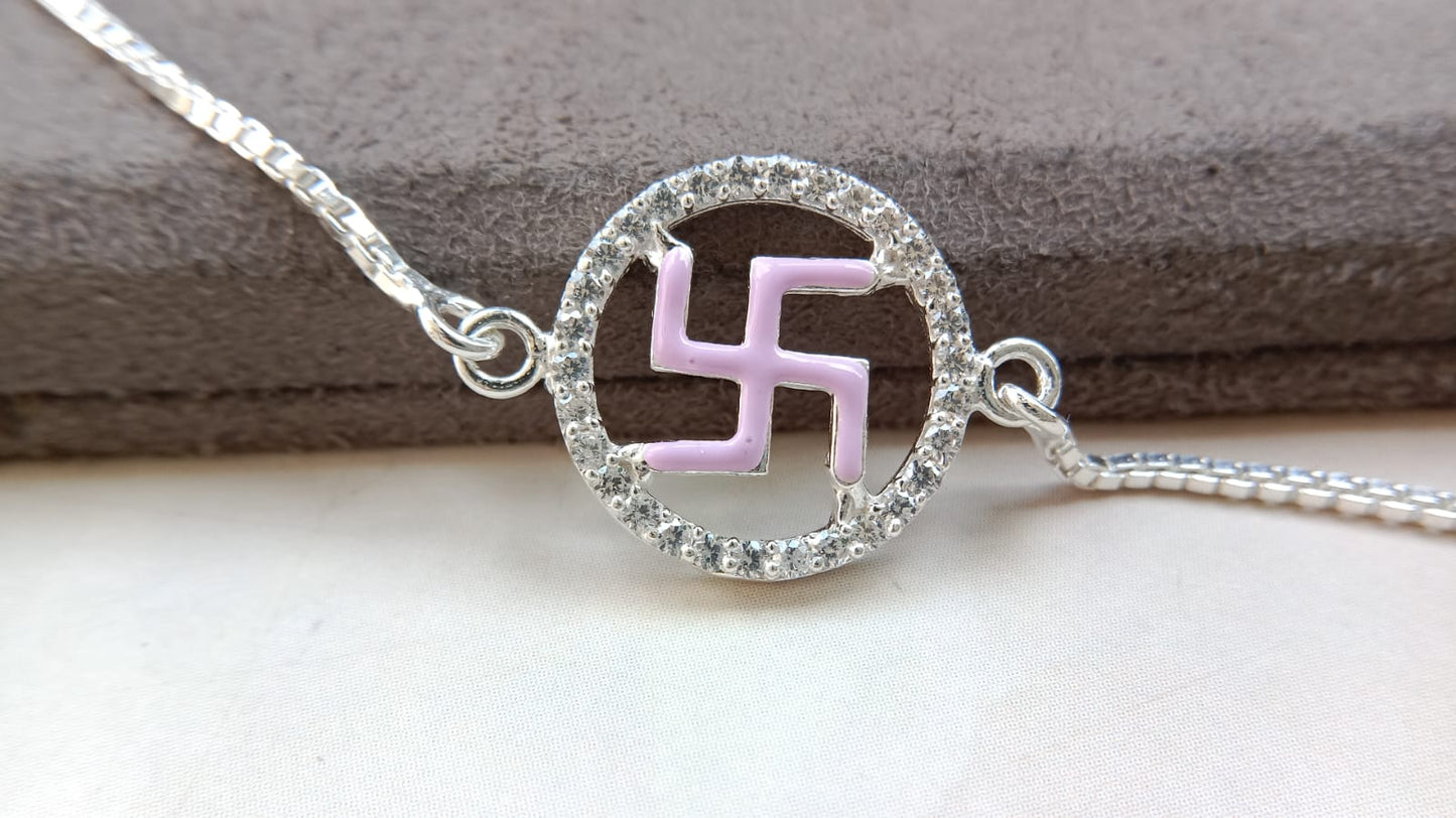 925 Pure Silver Enamel Swastik Rakhi