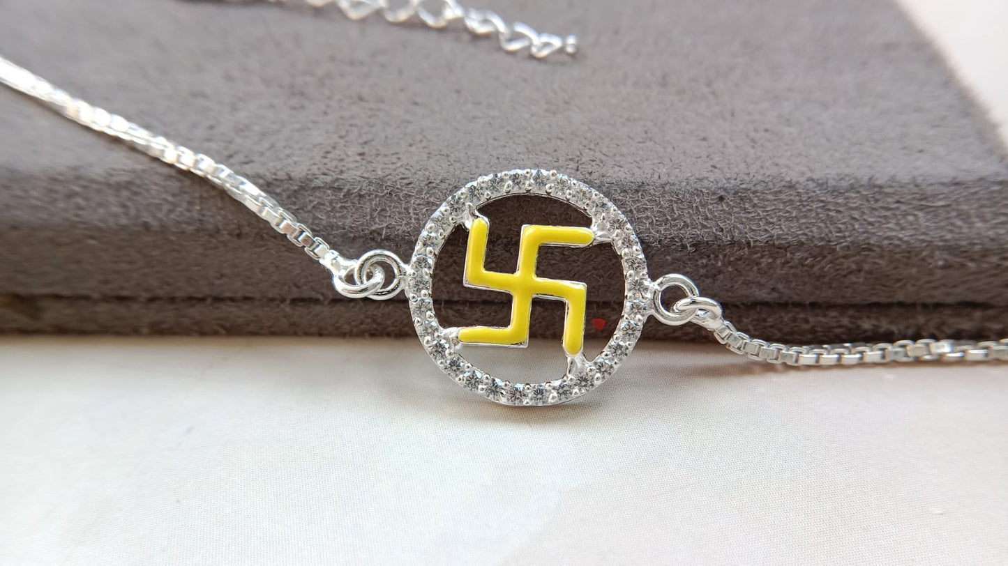 925 Pure Silver Enamel Swastik Rakhi