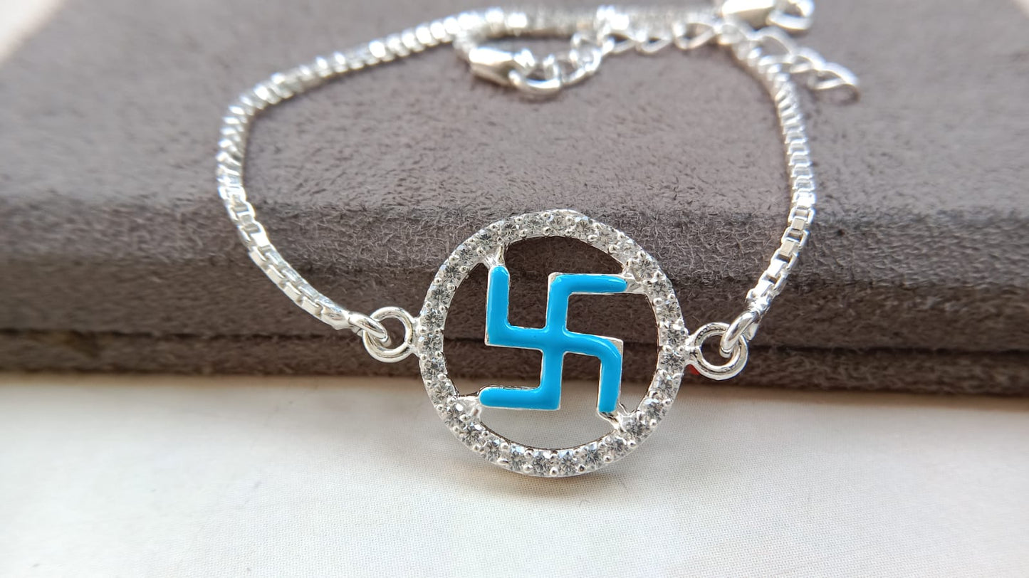 925 Pure Silver Enamel Swastik Rakhi