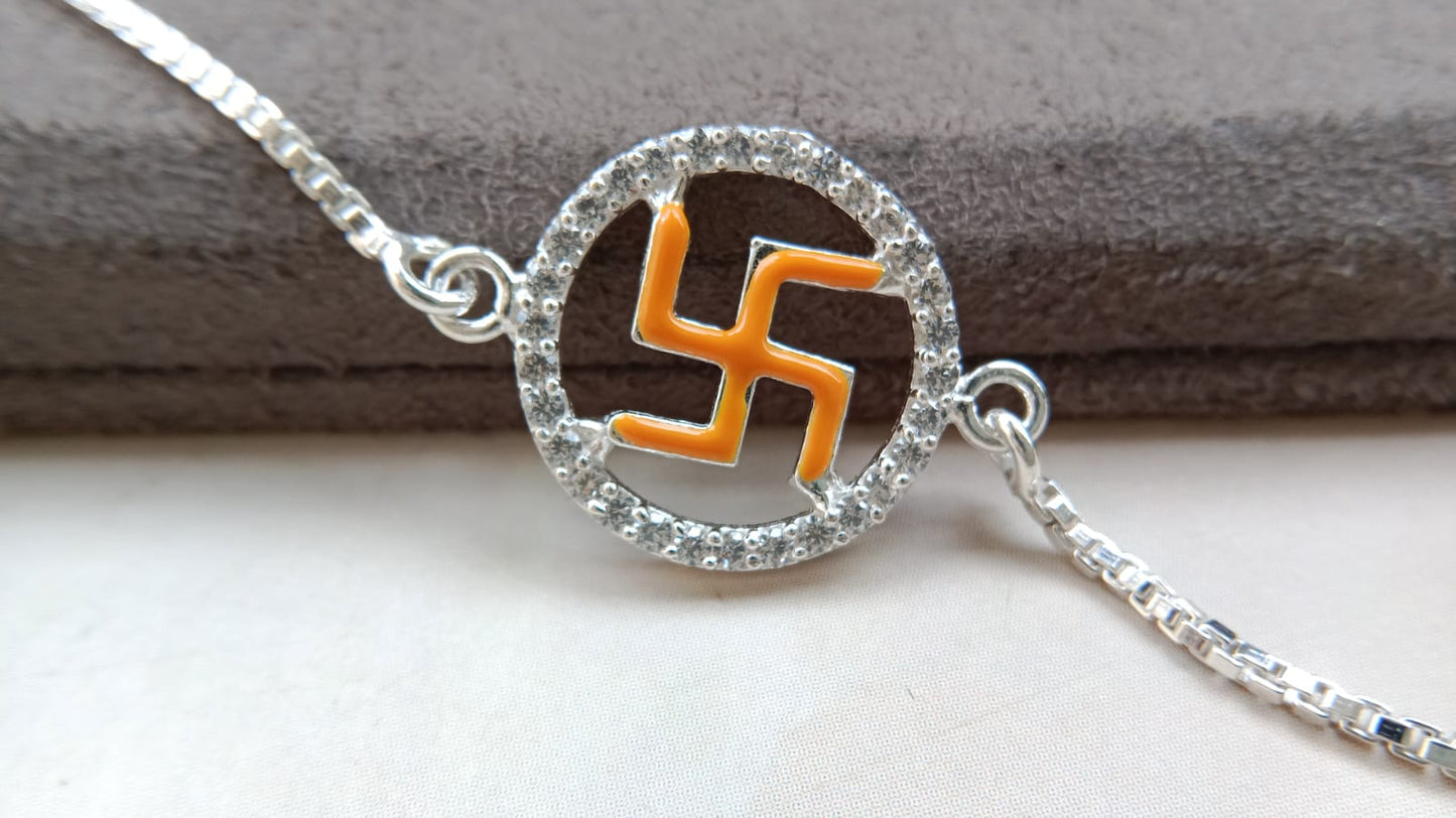 925 Pure Silver Enamel Swastik Rakhi