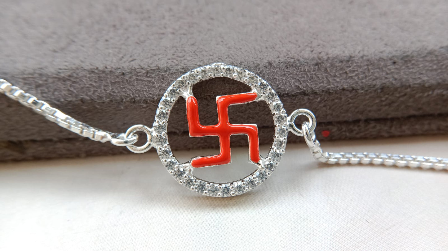 925 Pure Silver Enamel Swastik Rakhi