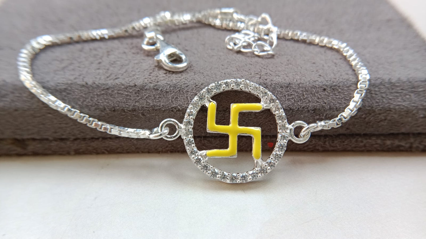 925 Pure Silver Enamel Swastik Rakhi