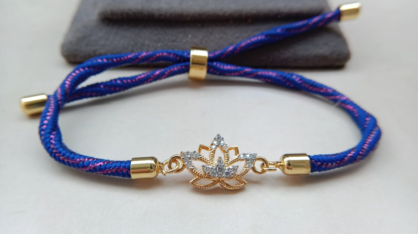 925 Pure Sterling Silver Lotus Rakhi Bracelet | Adjustable Blue Thread Rakhi