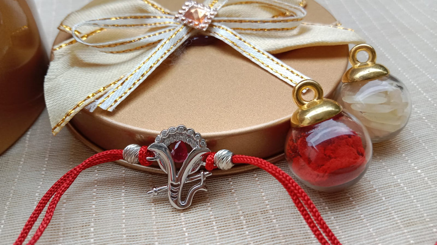 925 Sterling Silver Ganesha Rakhi with Red Stone