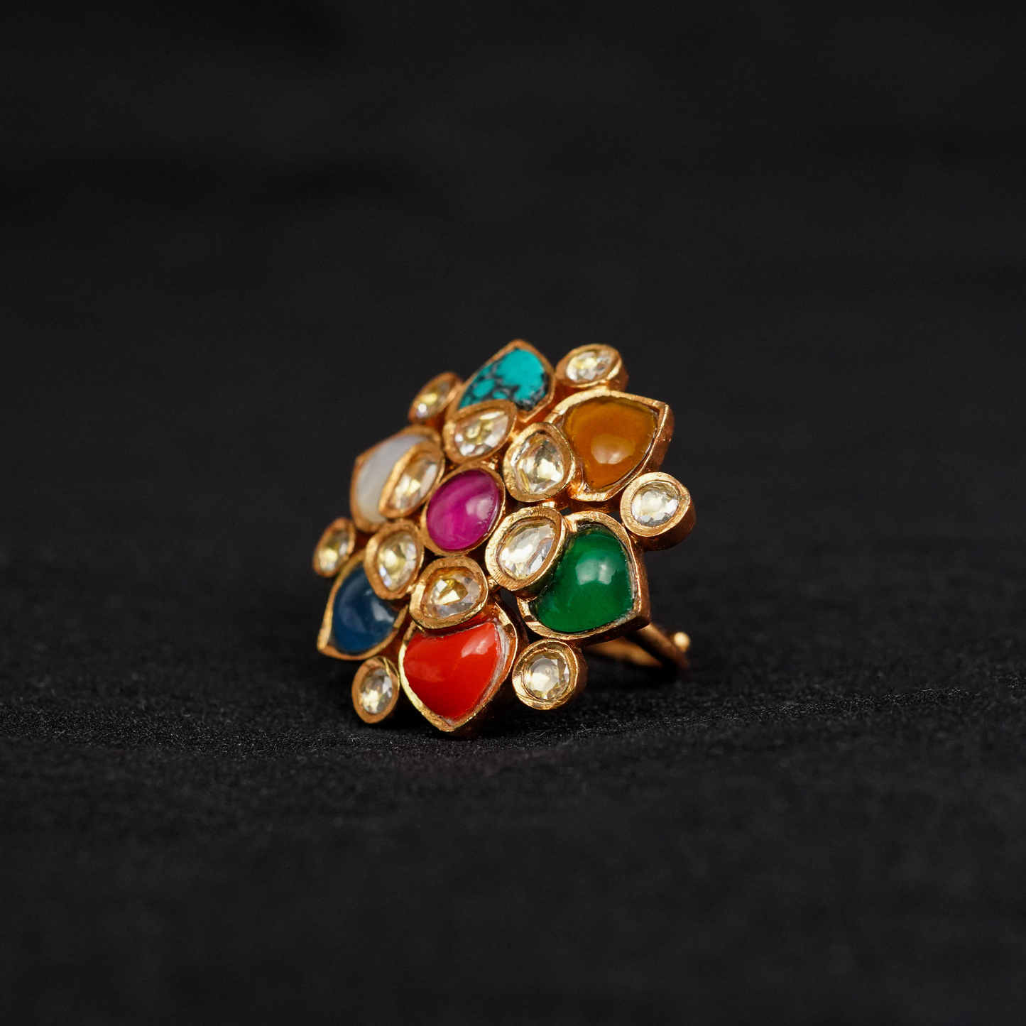 Gold Plated Pachi Kundan Navratna Ring