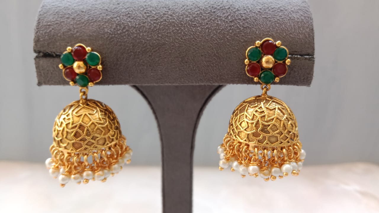 Traditional Gold Plated Jhumki Earrings with Pearl Drops & Multicolor Stone Studs | Designer Ethnic Jewellery