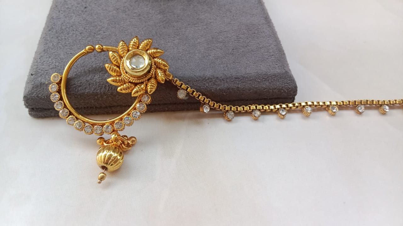 Gold-Plated Floral Kundan Nath with Stone Studded Hoop & Designer Chain