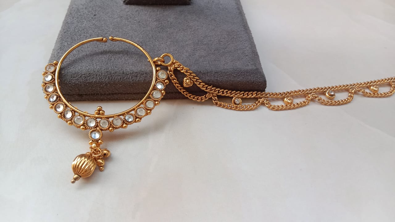 Gold-Plated Kundan Nose Ring with Double Layered Chain & Hanging Bead