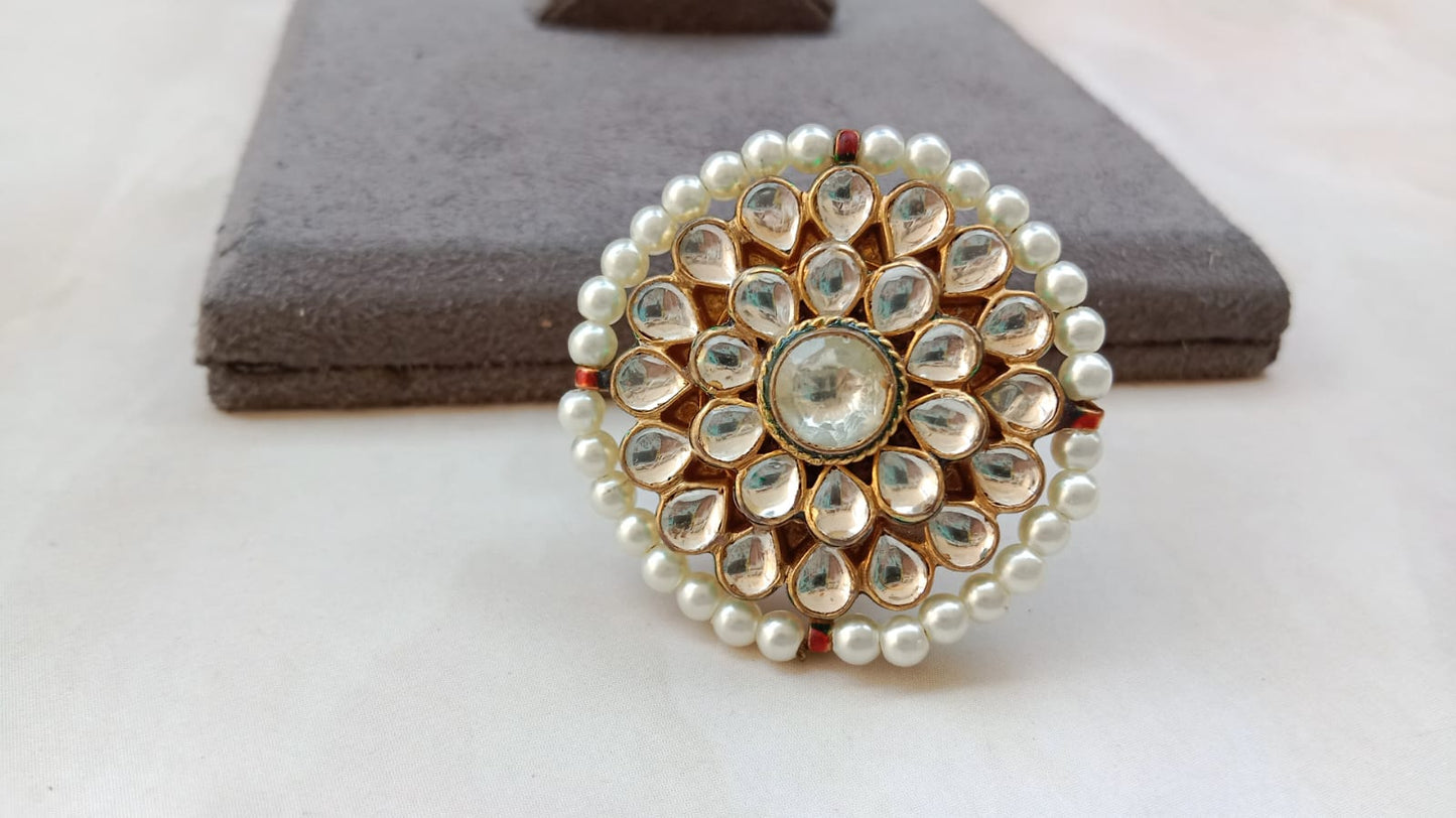Kundan Adjustable Ring with Elegant Pearl Layering
