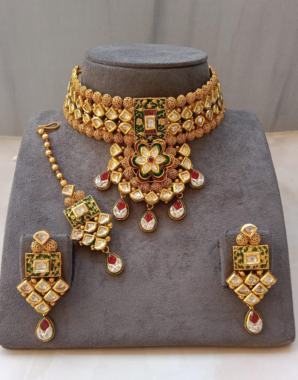 Royal Antique Gold Meenakari & Kundan Choker Bridal Set with Floral Pendant