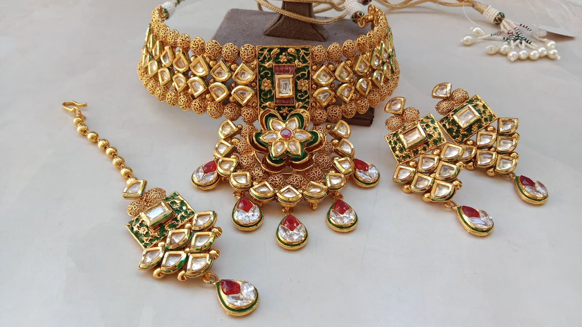 Royal Antique Gold Meenakari & Kundan Choker Bridal Set with Floral Pendant