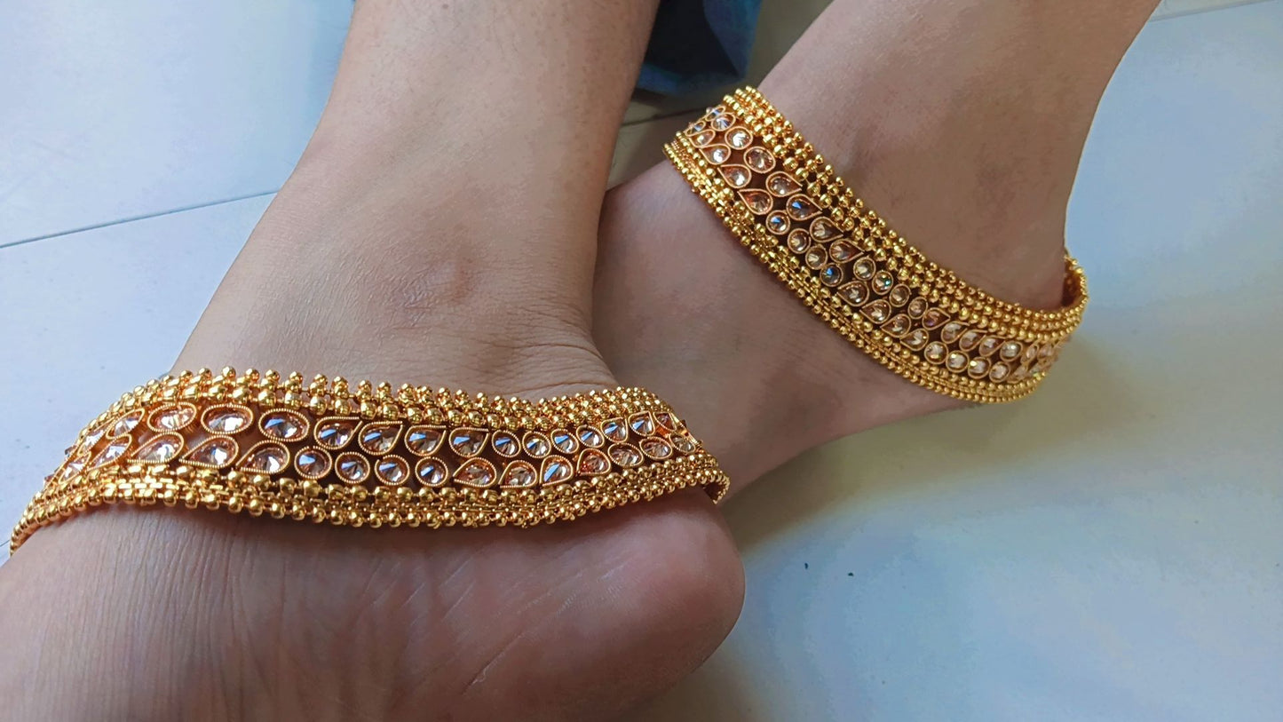 Traditional Gold Plated Kundan Payal | Heavy Bridal Anklet Pair