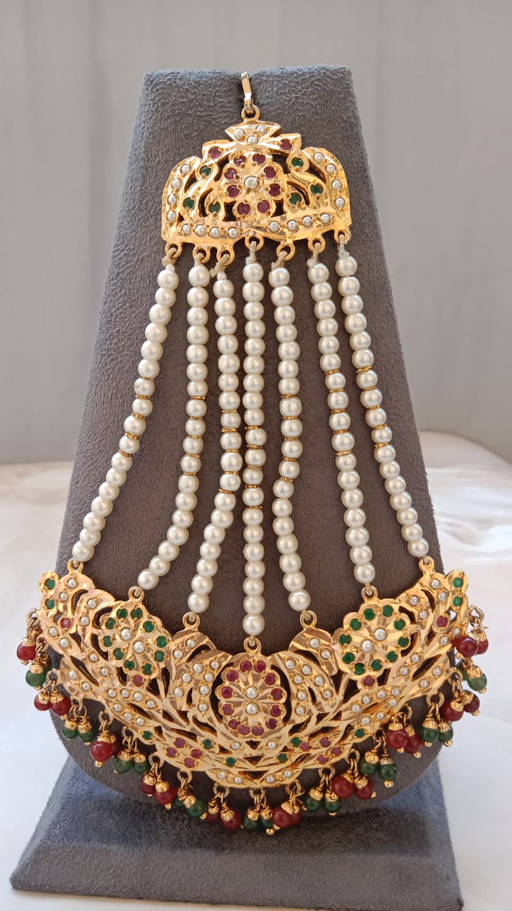 Jaadau Passa with Ruby Green Stones, Pearl Drop Layered Design