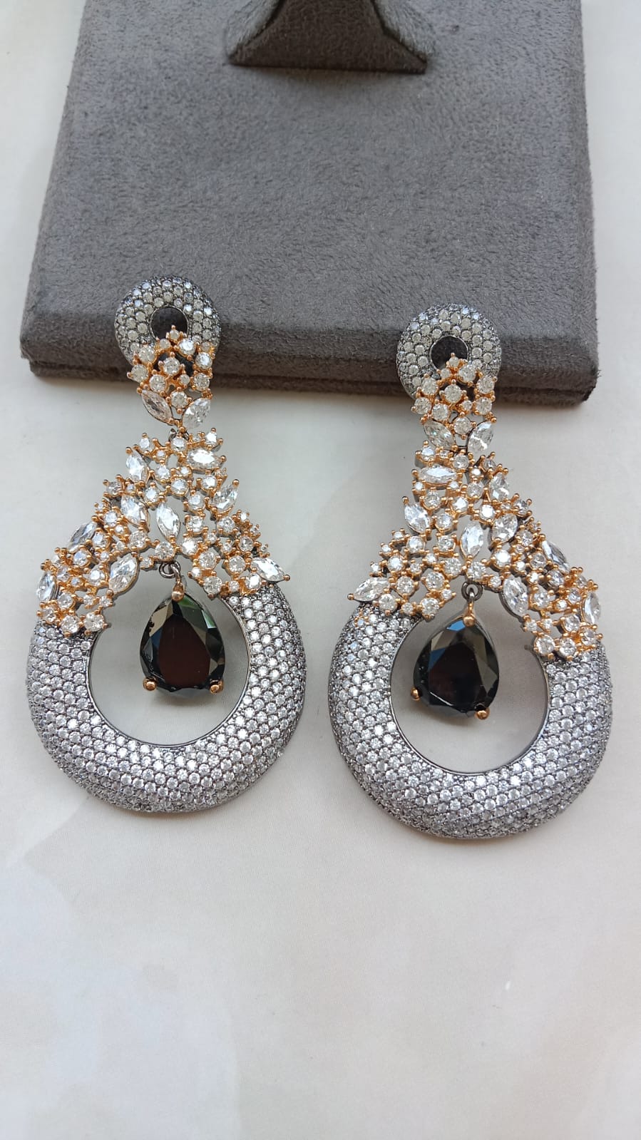 Victorian and Rodium-Tone Crescent Earrings with Black Drop Stone
