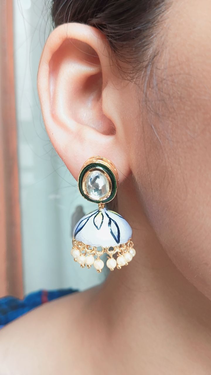 Hand-Painted Floral Jhumki Earrings with Kundan Studs & Pearl Drops | Gold Plated Designer Ethnic Jewellery